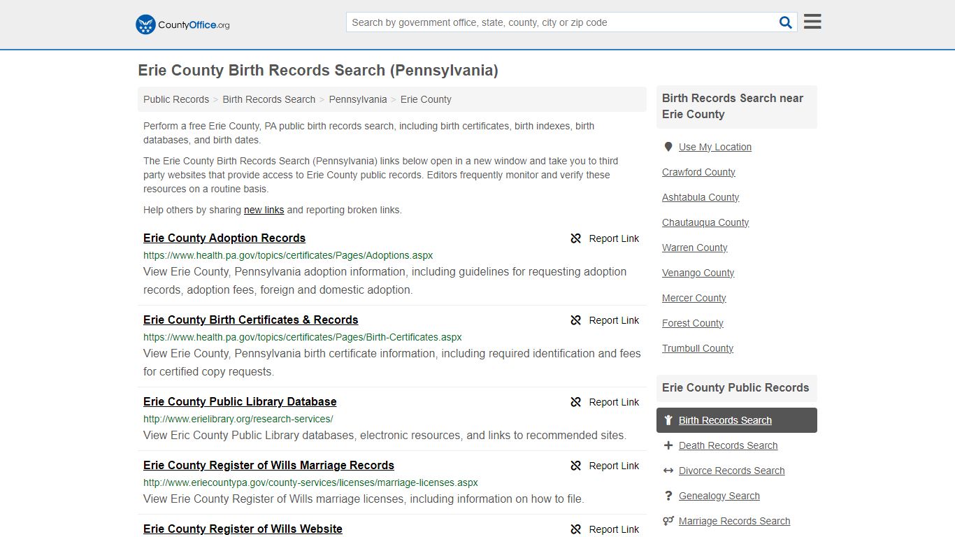 Birth Records Search - Erie County, PA (Birth Certificates & Databases)