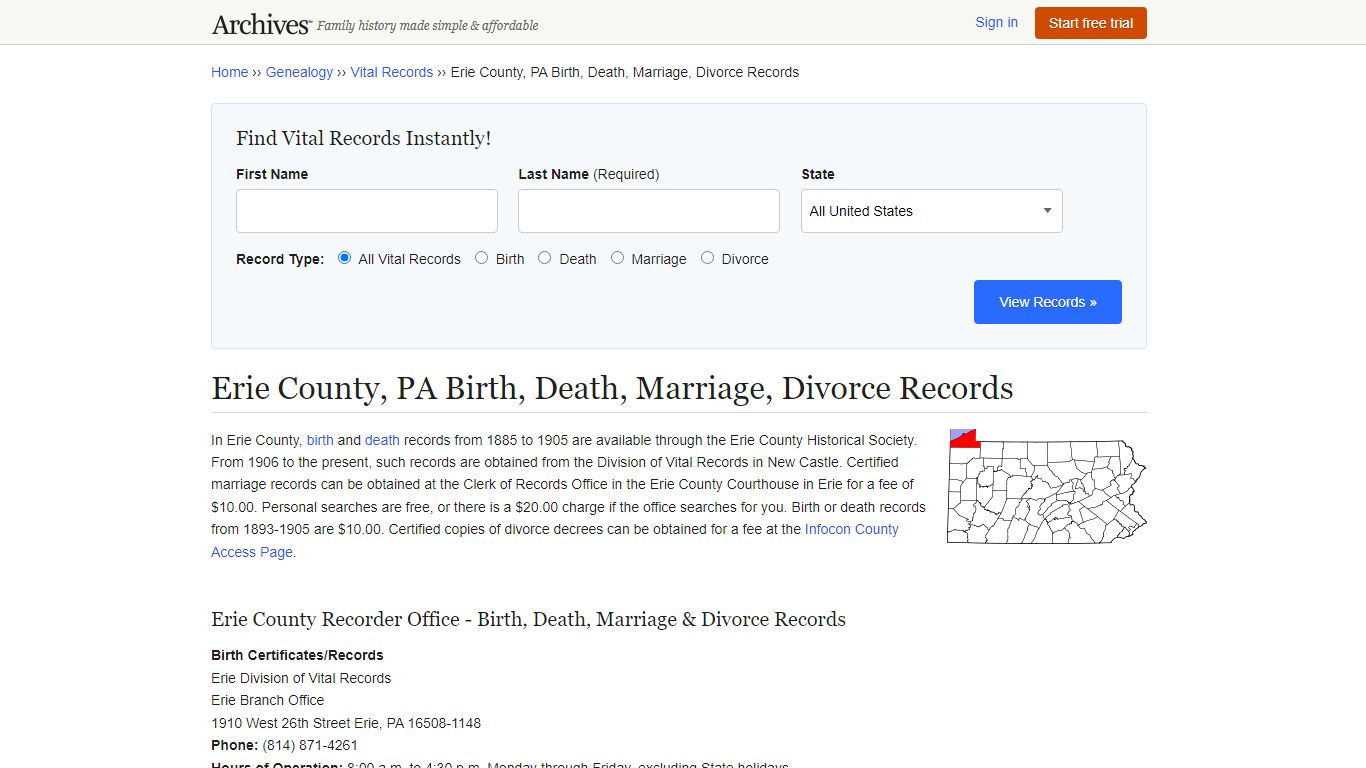 Erie County, PA Birth, Death, Marriage, Divorce Records - Archives.com