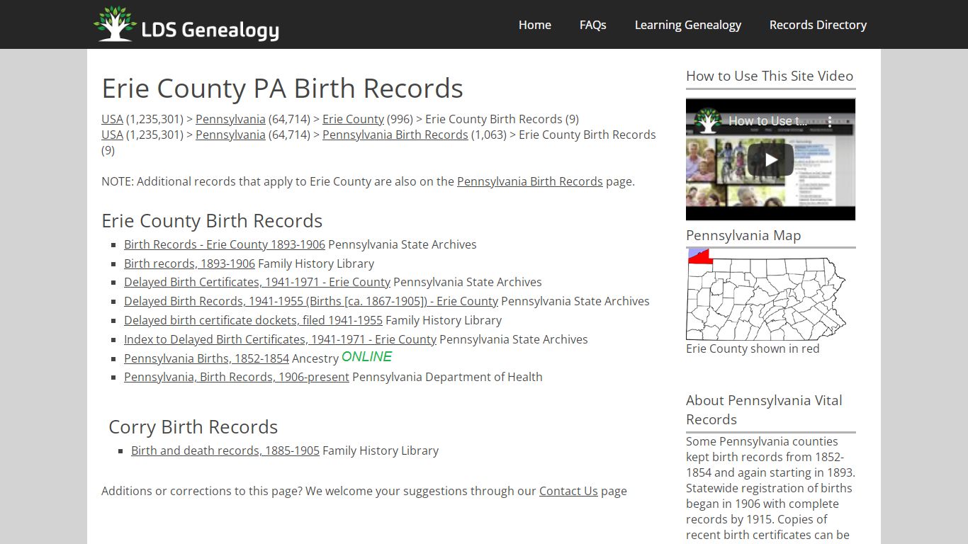 Erie County PA Birth Records - LDS Genealogy