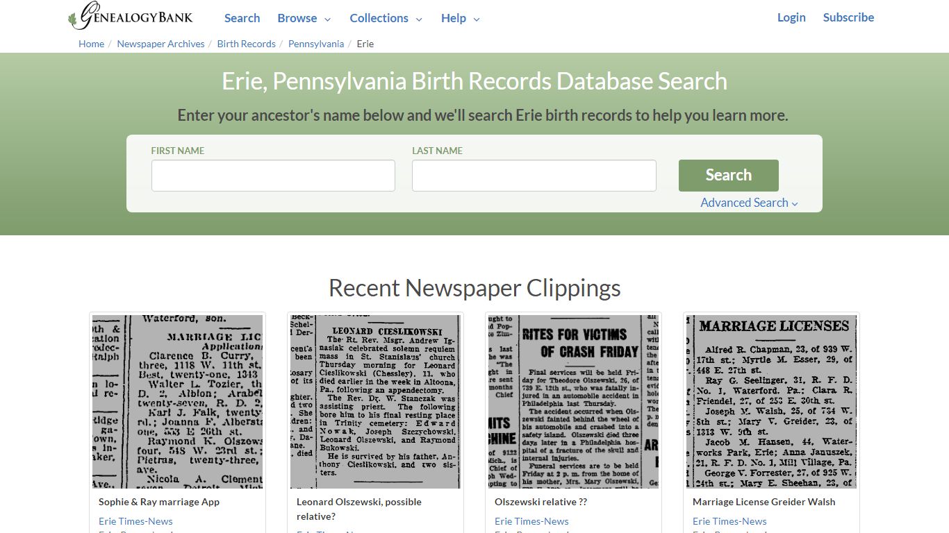 Birth Records for Erie, Pennsylvania | GenealogyBank
